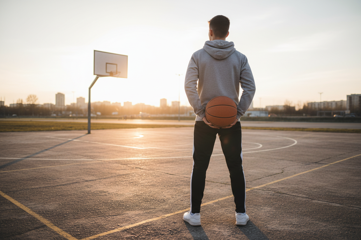 make a 17 years old boy backwards holding a basketball 